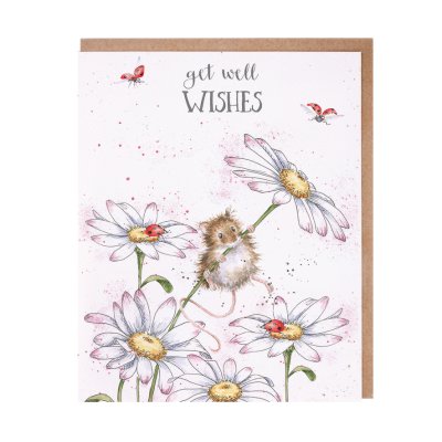 Mouse, daisies and ladybirds get well card