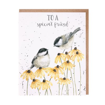 Chickadees amongst yellow flowers friendship card