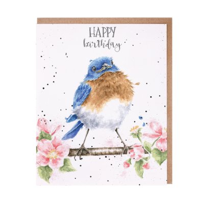 Bluebird on a blossom branch birthday card