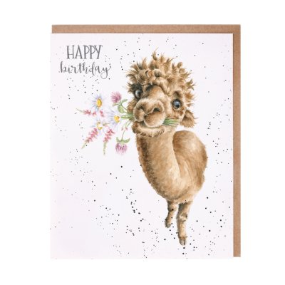 Alpaca with flowers in its mouth birthday card