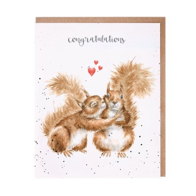 Squirrels kissing under hearts engagement card
