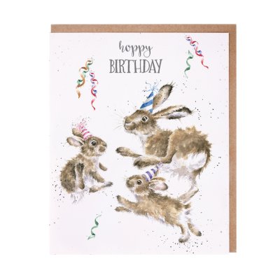 Hares in party hats birthday card