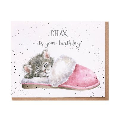 Grey kitten in a pink slipper birthday card