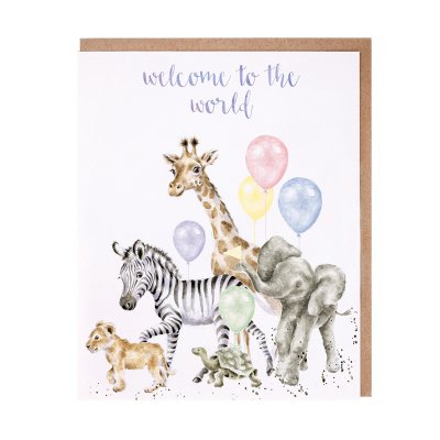 Baby giraffe, zebra, elephant, lion and tortoise with balloons new baby card