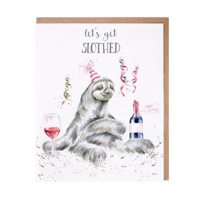Sloth in a party hat with a glass of wine birthday card