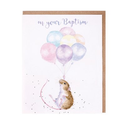 Mouse holding a bunch of balloons baptism card