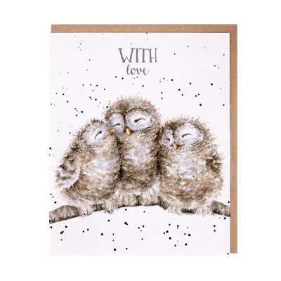 Three owlets on a branch with love card