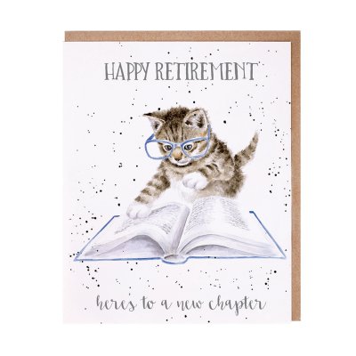 Kitten in glasses reading a book retirement card