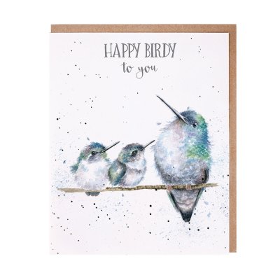 Hummingbird and its chicks on a branch birthday card