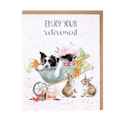 Border collie in a wheelbarrow full of vegetables and two bunnies retirement card