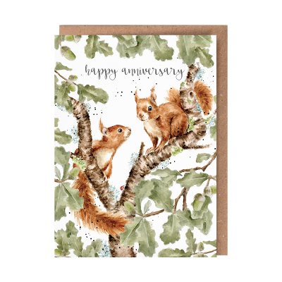 Illustrated squirrel in a tree anniversary card