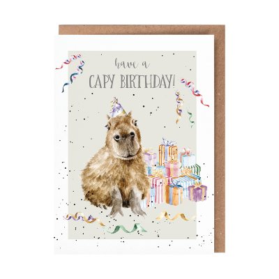 Illustrated capybara in a party hat birthday card
