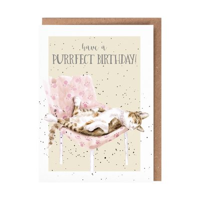 Illustrated sleeping cat on a pink chair birthday card