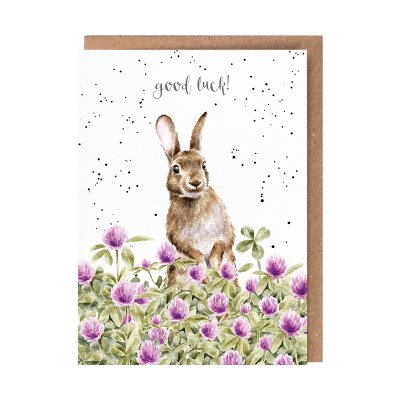 Illustrated rabbit and clover good luck card