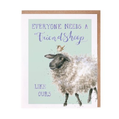 Sheep with a bird on its head friendship card