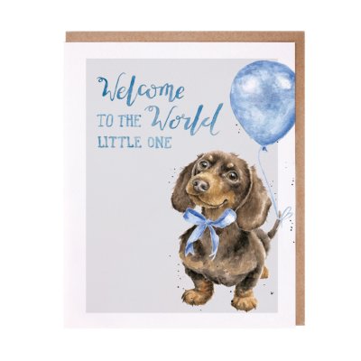 Dachshund with a blue bow and blue balloon new baby card