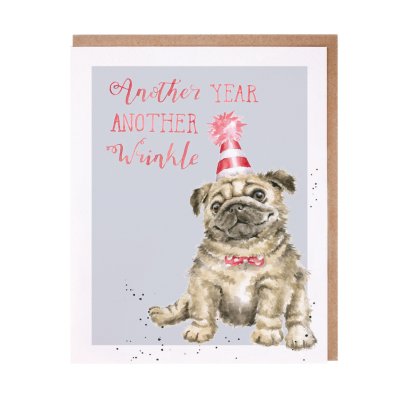 Pug in a party hat and bow tie birthday card