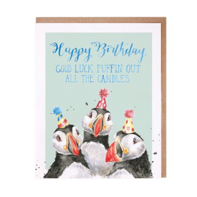 Puffins in party hats birthday card