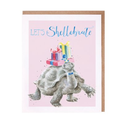 Tortoise in a bow tie an party hat with presents on its back birthday card