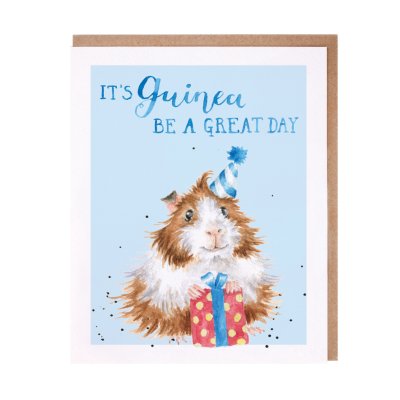 Guinea pig in a party hat with a present birthday card