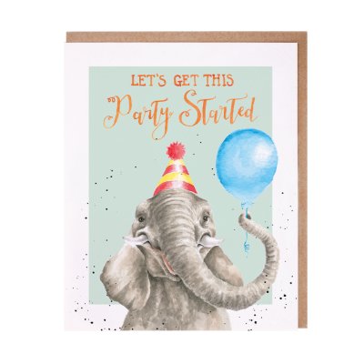 Elephant in a party hat with a blue balloon birthday card