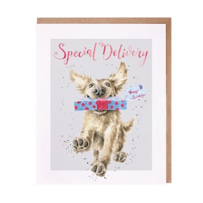 Golden retriever with a present in its mouth birthday card