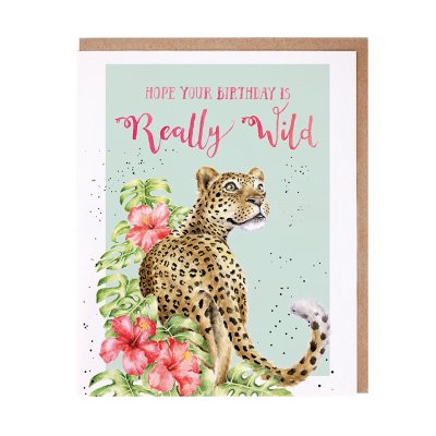 Leopard and tropical flowers birthday card