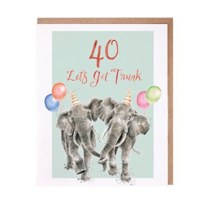 Elephants in party hats and balloons 40th birthday card