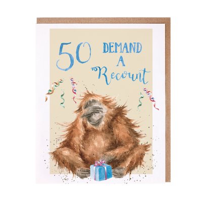 Orangutan with a present 50th birthday card