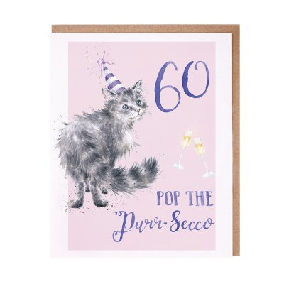 Grey cat in a party hat and champagne flutes 60th birthday card