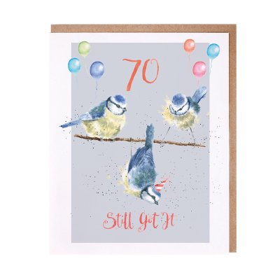 Bluetits on a branch with balloons 70th birthday card