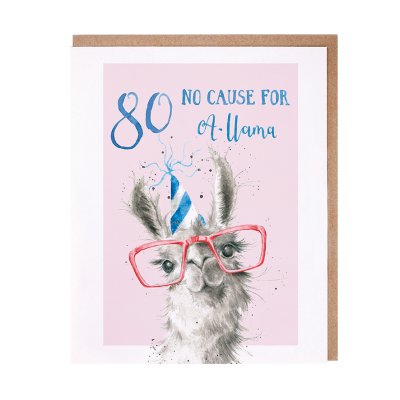 Llama in a party hat and glasses 80th birthday card