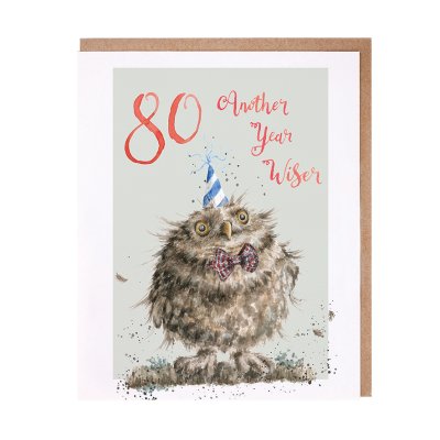 Owl in a bow tie and party hat 80th birthday card