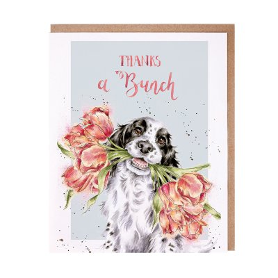 Spaniel with tulips in its mouth thank you card