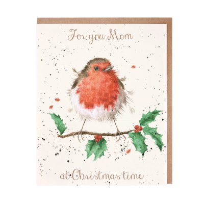 Robin on a holly branch mom Christmas card