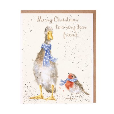 Duck and robin in blue spotted scarves Christmas card