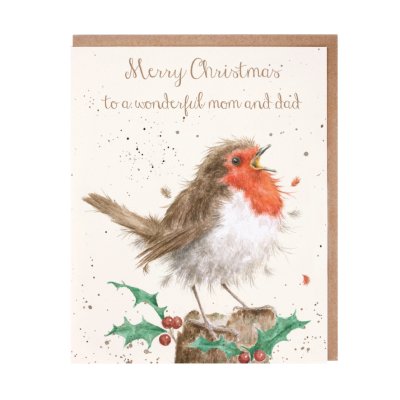 Robin on a tree stump mum and dad Christmas card