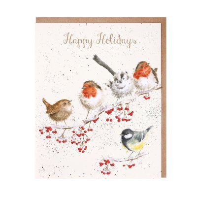 Birds on a branch with red berries Christmas card