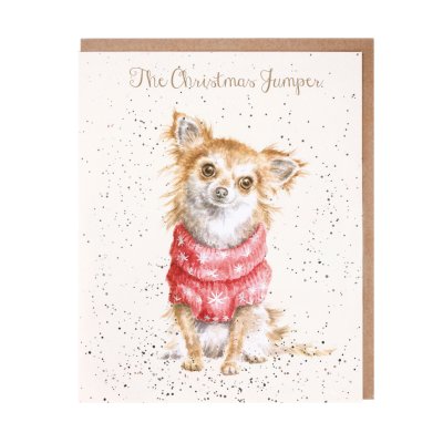 Chihuahua in a red woolly jumper Christmas card