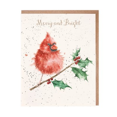 Cardinal bird on a holly branch Christmas card