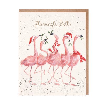 Flamingos in santa hats and scarves Christmas card