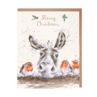 Donkey and robins in the snow Christmas card