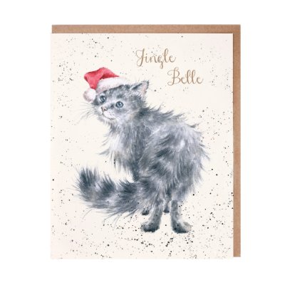Fluffy grey cat in a Santa hat Christmas card