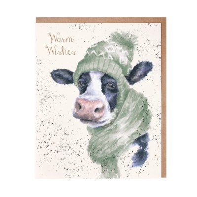 Cow in a green woolly scarf and hat Christmas card