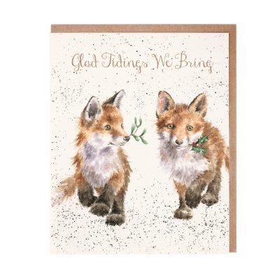 Foxes with mistletoe and holly Christmas card