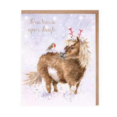 Horse int he snow wearing red antlers and a robin on its back Christmas card