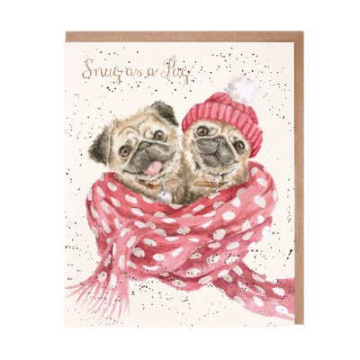 Pugs wrapped in a pink scarf with a woolly hat Christmas card