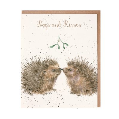 Hedgehogs touching nose to nose under mistletoe Christmas card