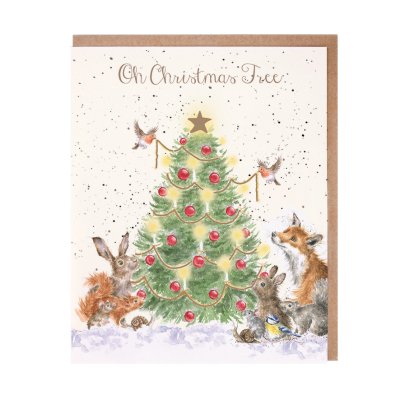 Woodland animals around a Christmas tree Christmas card