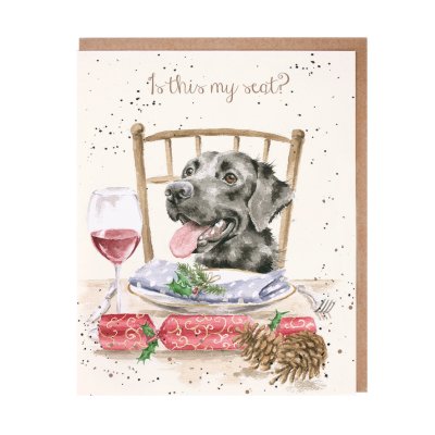 Labrador sat at a festive table Christmas card